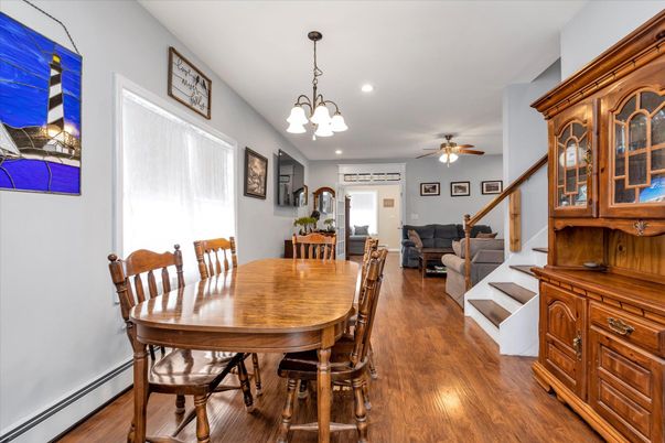 Dining room, Interior, Living room, Pendant Lights, Recessed Lighting, Wood Texture Flooring