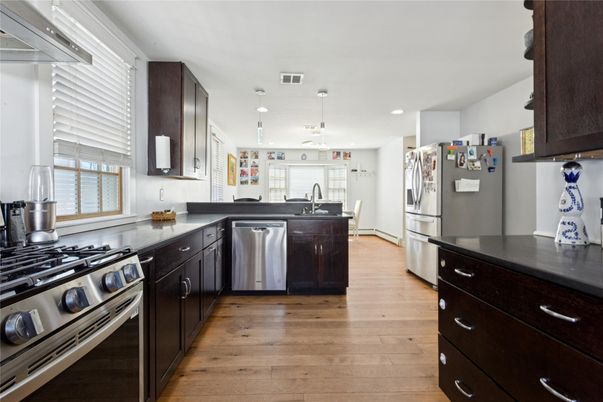 Interior, Kitchen, Pendant Lights, Recessed Lighting, Stainless Steel Appliances, Wood Texture Flooring