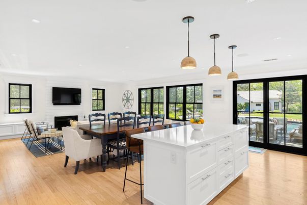 Dining room, Fireplace, Interior, Kitchen, Living room, Pendant Lights, Recessed Lighting, Wood Texture Flooring
