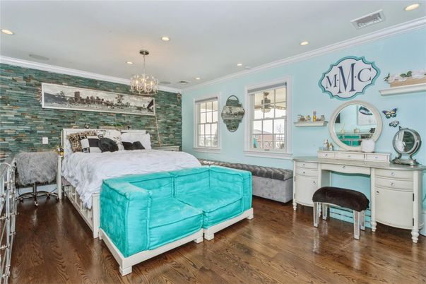 Bedroom, Chandelier, Interior, Recessed Lighting, Wood Texture Flooring