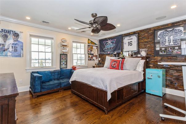 Bedroom, Interior, Recessed Lighting, Stone Walls, Wood Texture Flooring