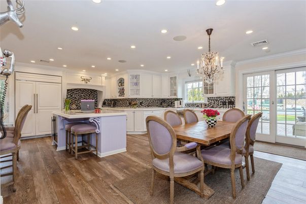 Chandelier, Dining room, Interior, Kitchen, Recessed Lighting, Wood Texture Flooring