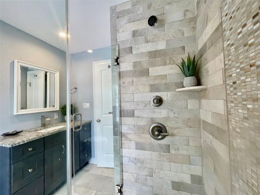 Bathroom, Glass Shower, Interior, Recessed Lighting, Stone Walls