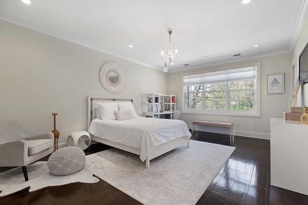 Bedroom, Chandelier, Interior, Recessed Lighting, Wood Texture Flooring