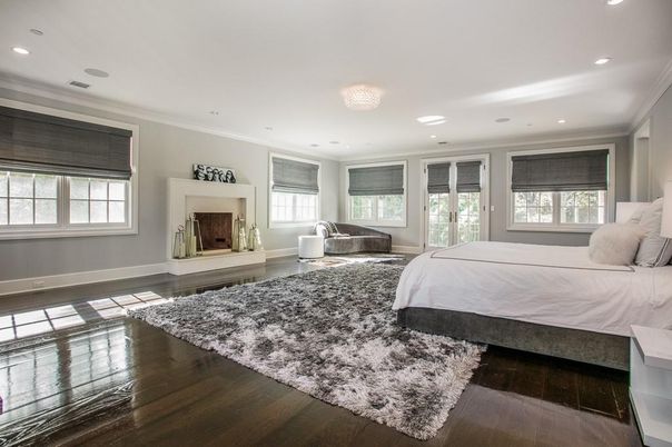 Bedroom, Fireplace, Interior, Recessed Lighting, Wood Texture Flooring