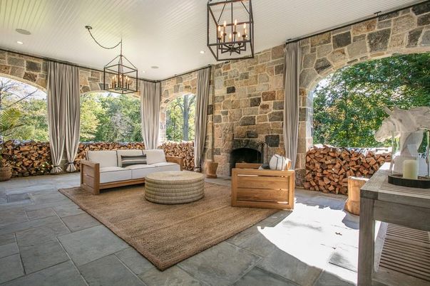 Fireplace, Interior, Pendant Lights, Recessed Lighting, Stone Walls