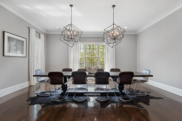 Chandelier, Dining room, Interior, Pendant Lights, Recessed Lighting, Wood Texture Flooring