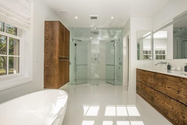 Bathroom, Free Standing Baths, Glass Shower, Interior, Recessed Lighting