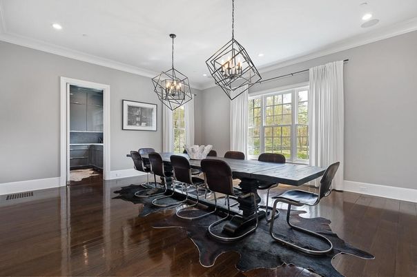 Chandelier, Dining room, Interior, Pendant Lights, Recessed Lighting, Wood Texture Flooring