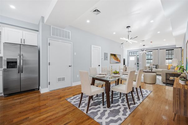 Dining room, Interior, Kitchen, Living room, Pendant Lights, Recessed Lighting, Stainless Steel Appliances, Wood Texture Flooring
