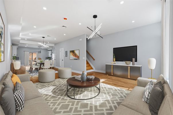 Dining room, Interior, Living room, Pendant Lights, Recessed Lighting, Wood Texture Flooring