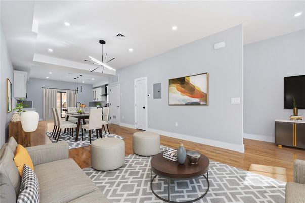 Dining room, Interior, Kitchen, Living room, Pendant Lights, Recessed Lighting, Wood Texture Flooring