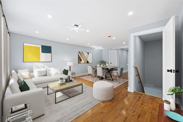 Dining room, Interior, Living room, Recessed Lighting, Wood Texture Flooring