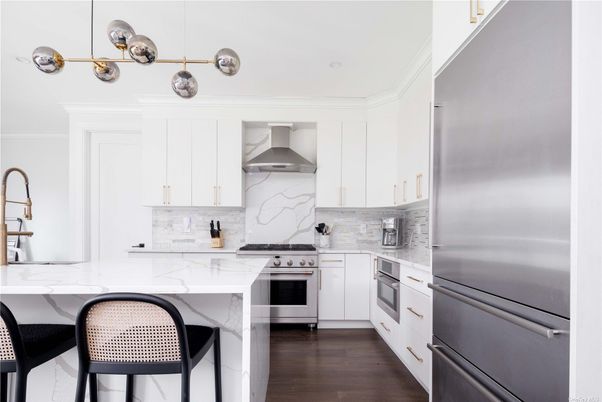 Interior, Kitchen, Marble Walls, Stainless Steel Appliances, Wood Texture Flooring