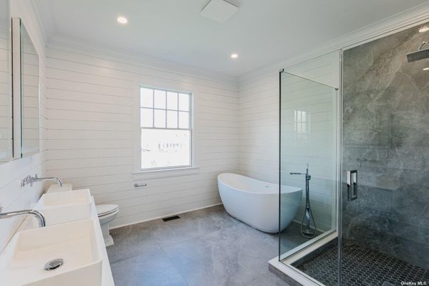 Bathroom, Free Standing Baths, Glass Shower, Interior, Recessed Lighting