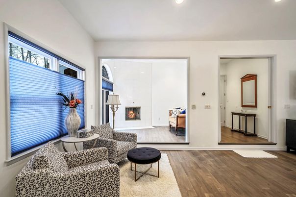 Fireplace, Interior, Living room, Recessed Lighting, Wood Texture Flooring