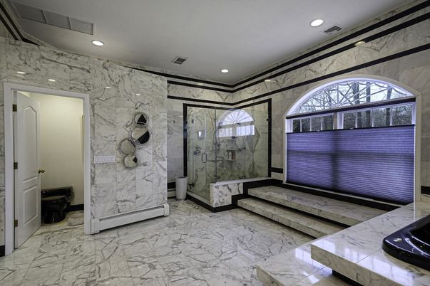 Bathroom, Glass Shower, Interior, Marble, Marble Walls, Recessed Lighting