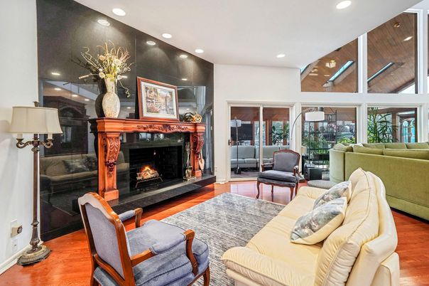 Fireplace, Interior, Living room, Recessed Lighting, Wood Texture Flooring