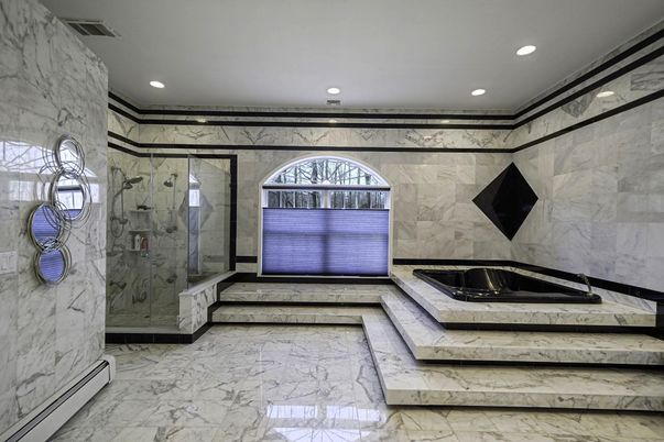 Bathroom, Glass Shower, Interior, Marble, Marble Walls, Recessed Lighting