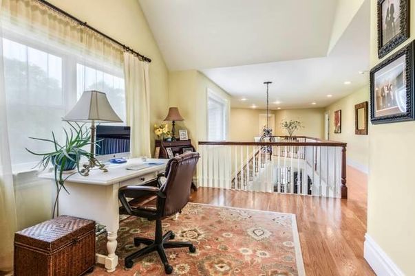Chandelier, Home Office, Interior, Recessed Lighting, Wood Texture Flooring