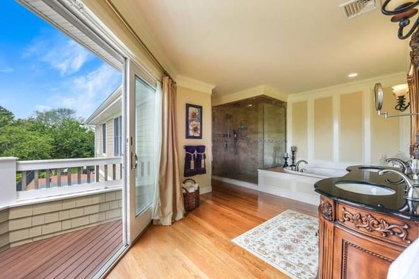 Bathroom, Glass Shower, Interior, Recessed Lighting, Wood Texture Flooring