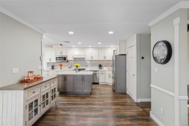 Interior, Kitchen, Recessed Lighting, Stainless Steel Appliances, Wood Texture Flooring