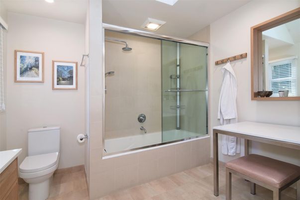 Bathroom, Glass Shower, Interior, Recessed Lighting, Wood Texture Flooring