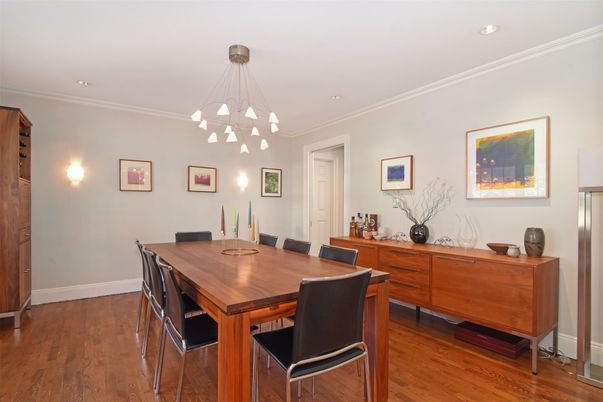 Dining room, Interior, Pendant Lights, Recessed Lighting, Wood Texture Flooring