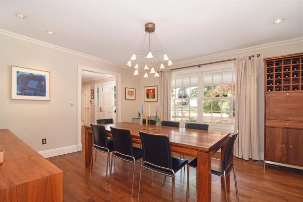 Dining room, Interior, Pendant Lights, Recessed Lighting, Wood Texture Flooring