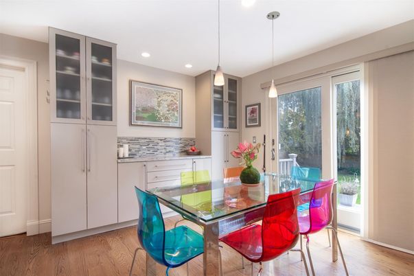 Dining room, Interior, Pendant Lights, Recessed Lighting, Wood Texture Flooring
