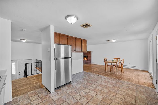 Dining room, Fireplace, Interior, Kitchen, Wood Texture Flooring