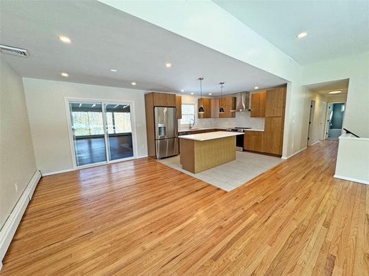 Interior, Kitchen, Pendant Lights, Recessed Lighting, Stainless Steel Appliances, Wood Texture Flooring