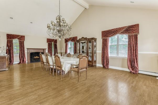 Chandelier, Dining room, Fireplace, Interior, Wood Texture Flooring