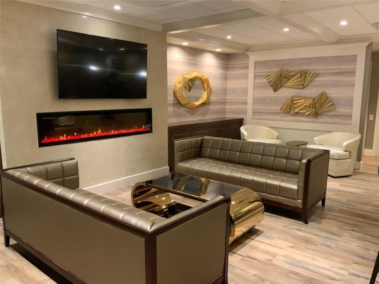 Fireplace, Interior, Living room, Recessed Lighting, Wood Texture Flooring