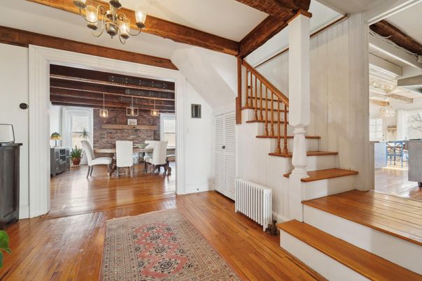 Chandelier, Dining room, Interior, Pendant Lights, Stone Walls, Wooden Beams, Wood Texture Flooring
