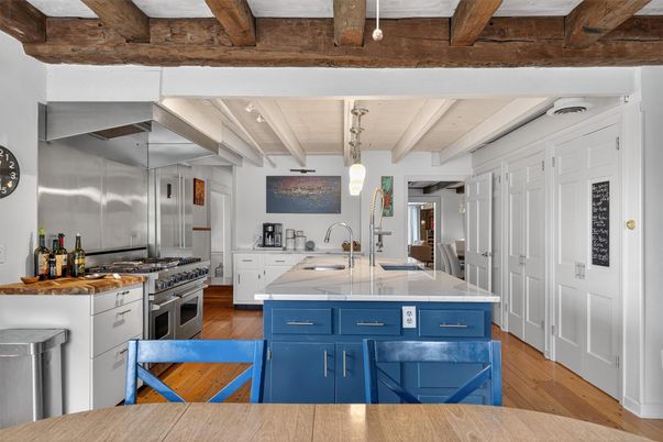 Interior, Kitchen, Pendant Lights, Stainless Steel Appliances, Wooden Beams, Wood Texture Flooring