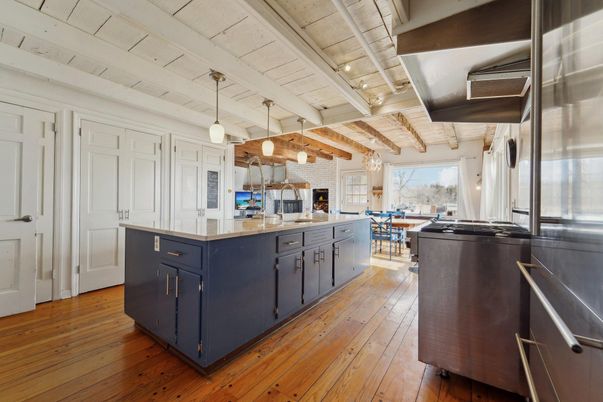 Dining room, Interior, Kitchen, Pendant Lights, Stainless Steel Appliances, Wooden Beams, Wood Texture Flooring