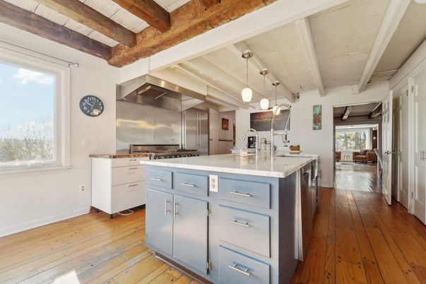Interior, Kitchen, Pendant Lights, Wooden Beams, Wood Texture Flooring
