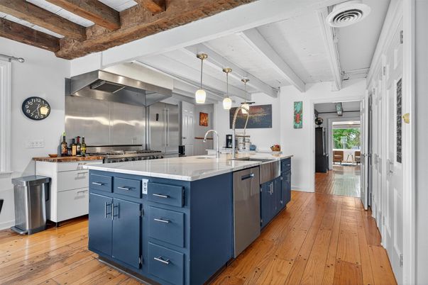 Interior, Kitchen, Pendant Lights, Stainless Steel Appliances, Wooden Beams, Wood Texture Flooring