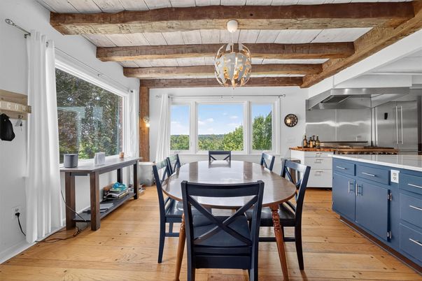 Dining room, Interior, Kitchen, Pendant Lights, Stainless Steel Appliances, Wooden Beams, Wooden Ceilings, Wood Texture Flooring