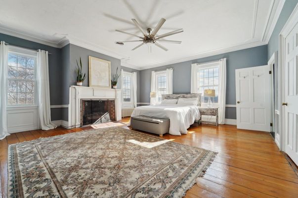 Bedroom, Fireplace, Interior, Wood Texture Flooring