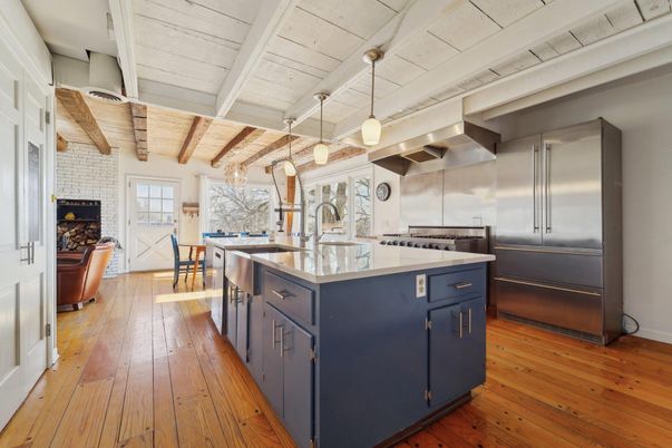 Interior, Kitchen, Pendant Lights, Stainless Steel Appliances, Wooden Ceilings, Wood Texture Flooring