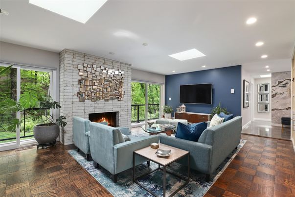Fireplace, Interior, Living room, Recessed Lighting, Stone Walls, Wood Texture Flooring