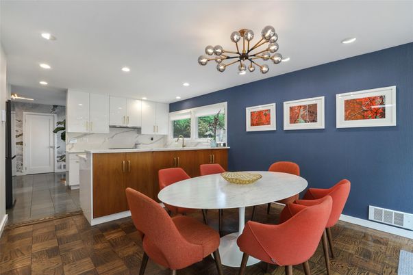 Dining room, Interior, Kitchen, Marble Walls, Pendant Lights, Recessed Lighting, Wood Texture Flooring