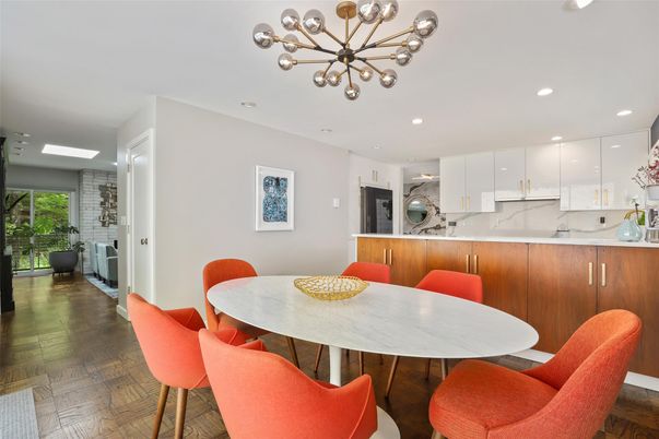 Dining room, Interior, Kitchen, Pendant Lights, Recessed Lighting, Wood Texture Flooring