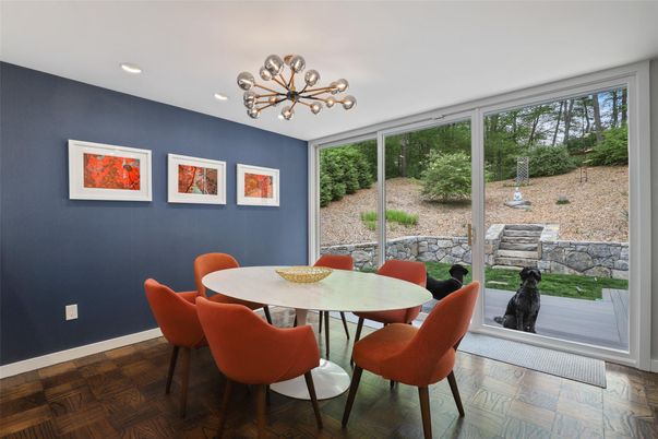 Dining room, Interior, Pendant Lights, Recessed Lighting, Wood Texture Flooring