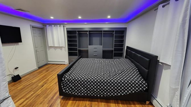 Bedroom, Interior, Recessed Lighting, Wood Texture Flooring