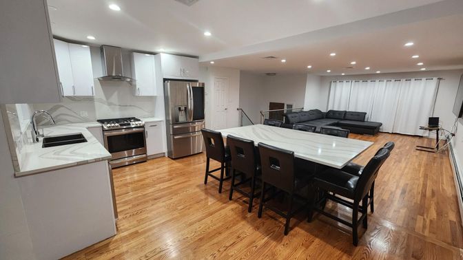 Interior, Kitchen, Recessed Lighting, Stainless Steel Appliances, Wood Texture Flooring