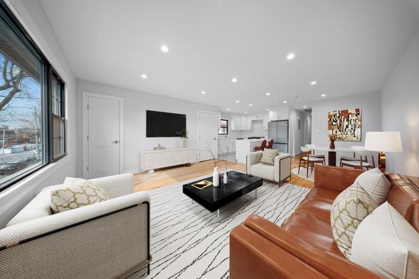 Interior, Kitchen, Living room, Recessed Lighting, Stainless Steel Appliances, Wood Texture Flooring