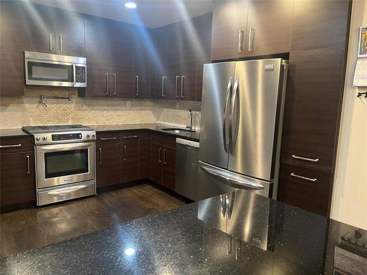 Interior, Kitchen, Recessed Lighting, Stainless Steel Appliances, Wood Texture Flooring